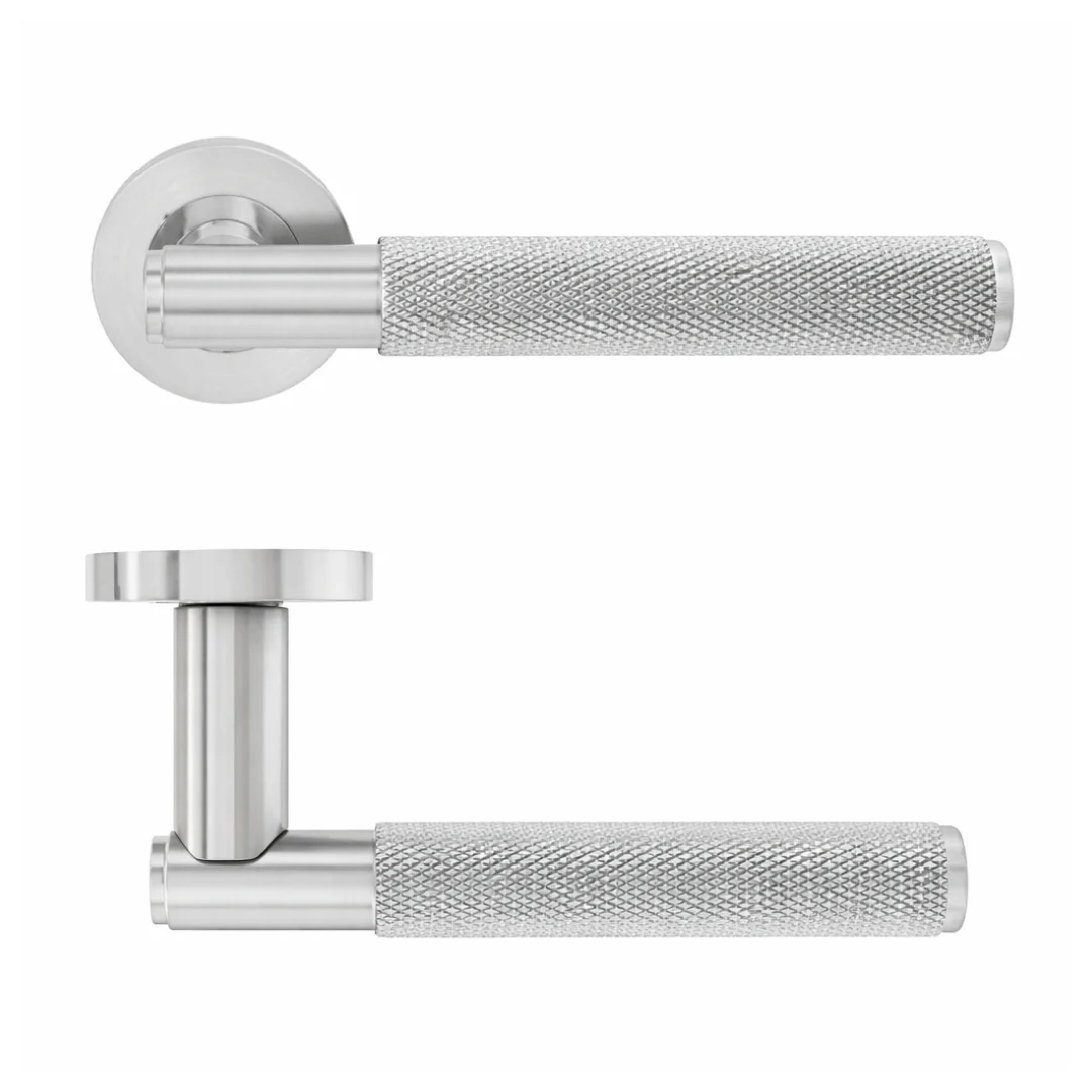 Knurled Lever on Rose Door Handle 139mm Satin Nickel