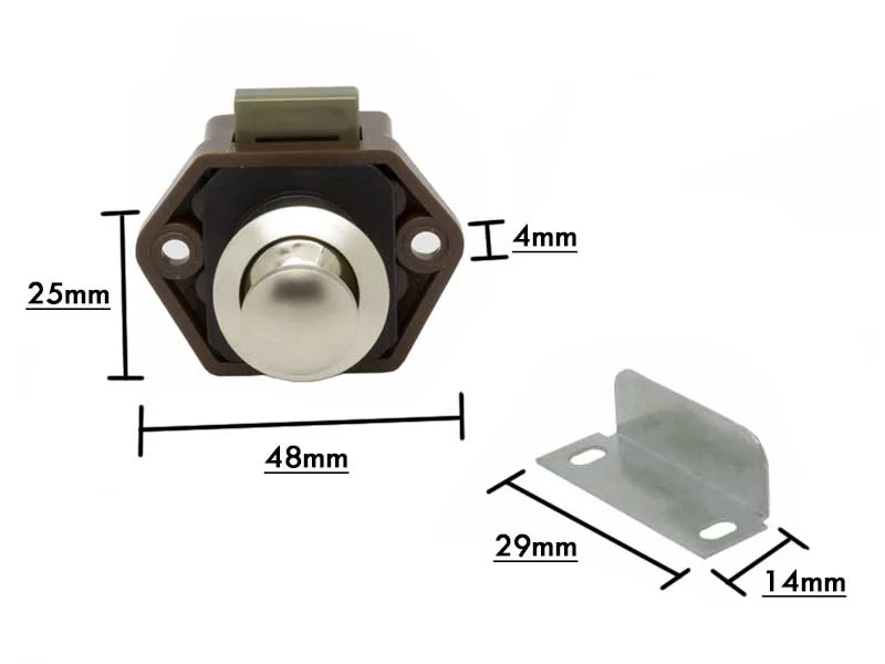 Mini Push Button Pearl Nickel Door Catch - Brown Body - Image 4