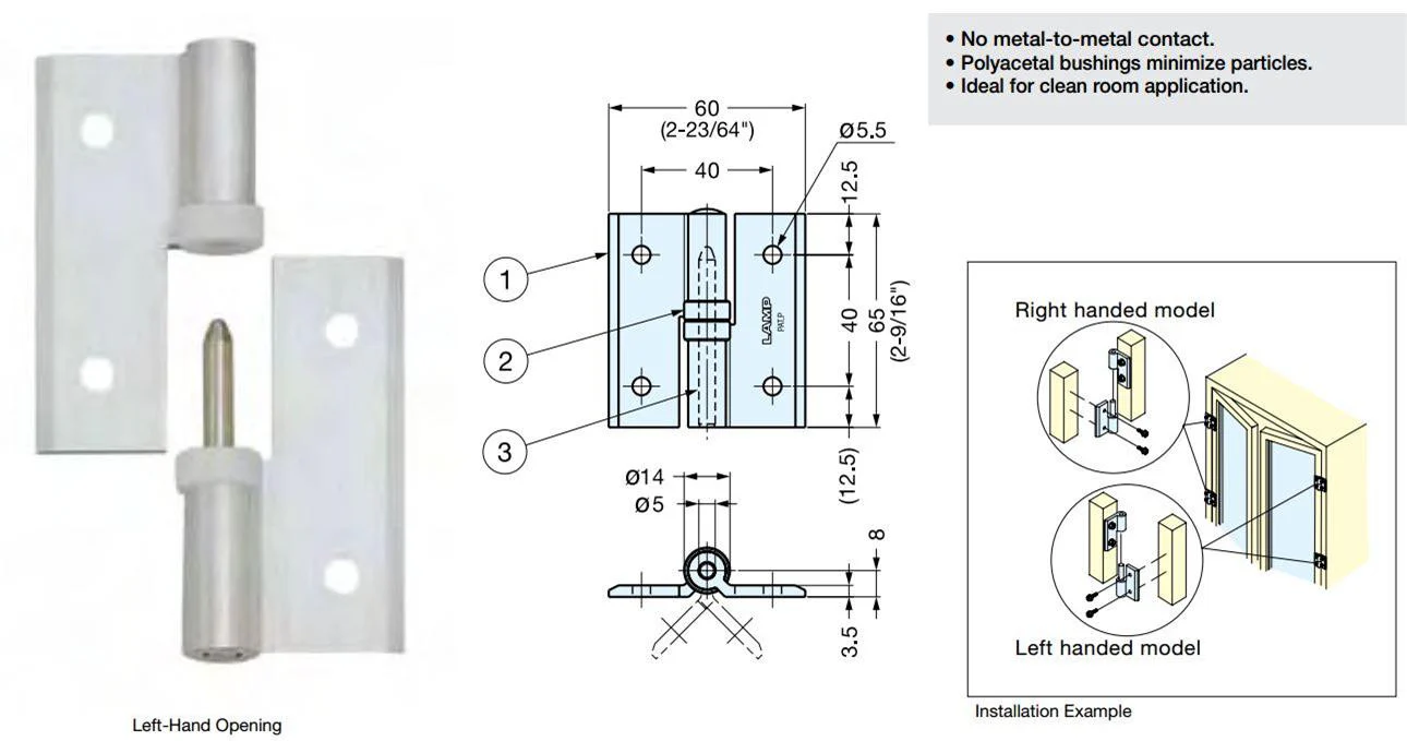 Sugatsune R/H Lift Off Cleanroom Hinge 65 x 60mm - Image 3